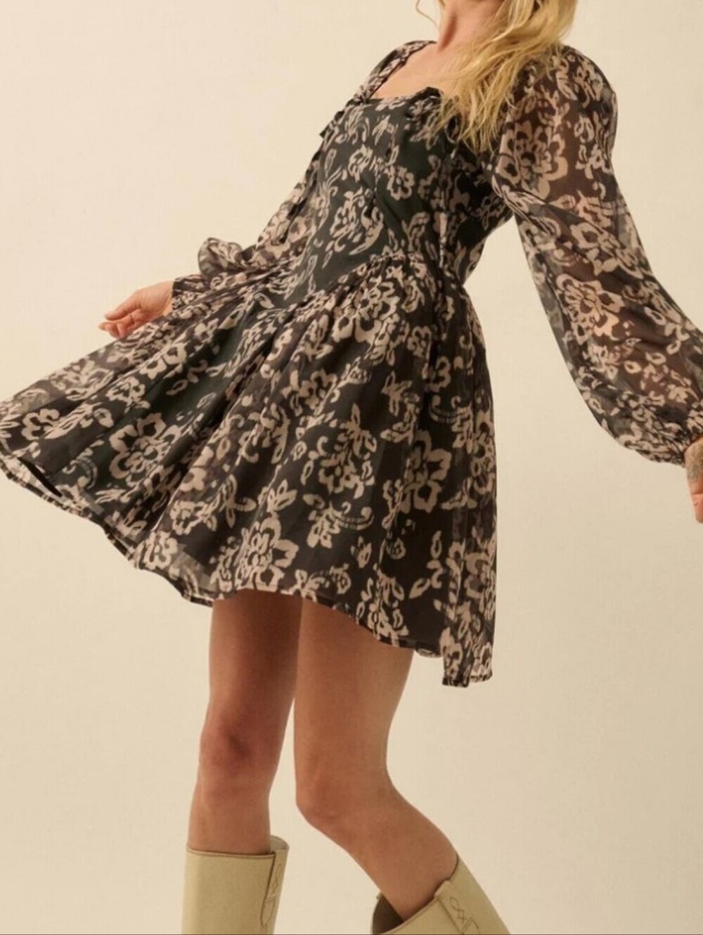 Promesa Black and Cream Grace  Floral Organza Peplum Babydoll Mini Dress Size L